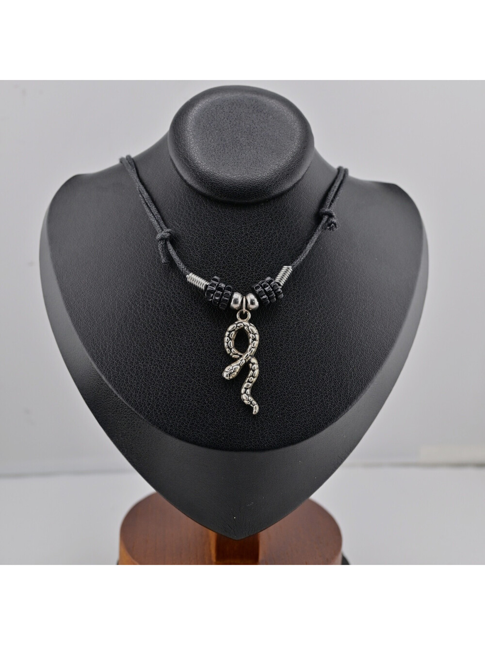 Snake Pendant Necklace w Black Cord Silver Tone Women Charm Jewelry